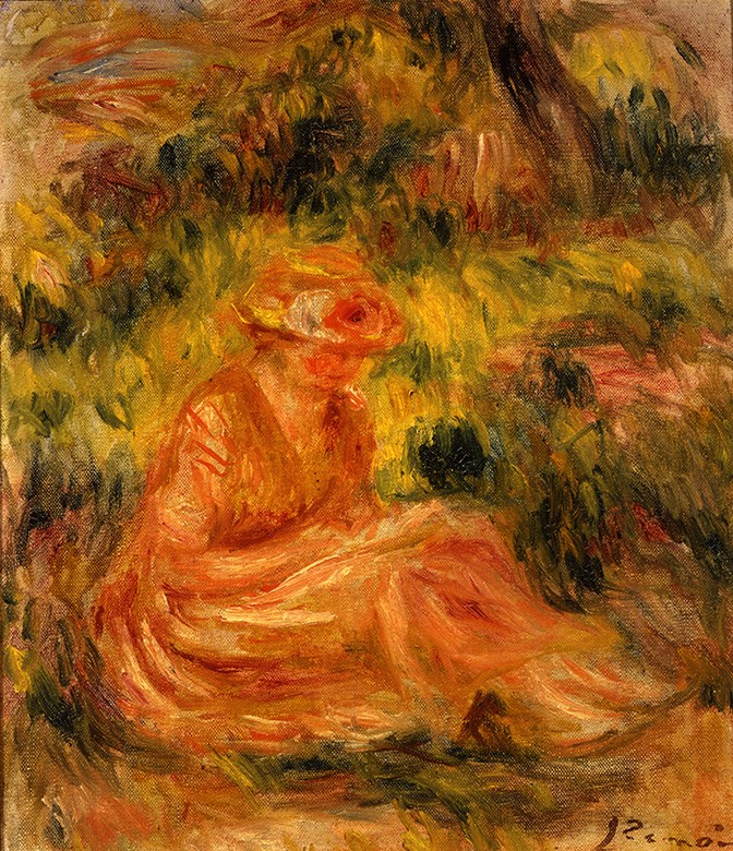 Foto 1 - Uma Jovem Mulher Sentada em uma Paisagem Pintura de Pierre Auguste Renoir em TELA