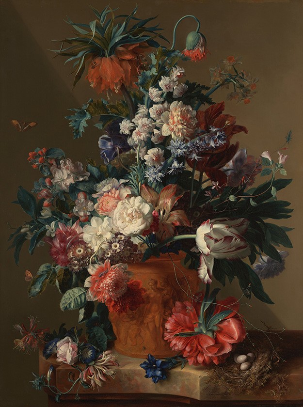 Foto 1 - Vaso de Flores Ninho com Ovos de Pássaros Borboletas Mosca Pintura de Jan van Huysum em TELA 