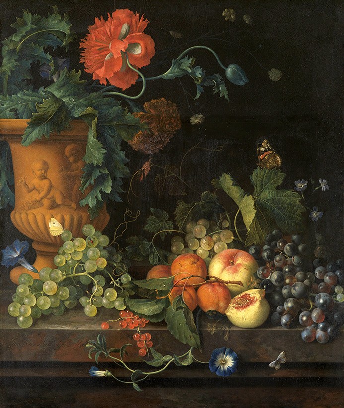 Foto 1 - Vaso de Terracota com Flores e Frutas Pintura de Jan van Huysum em TELA 