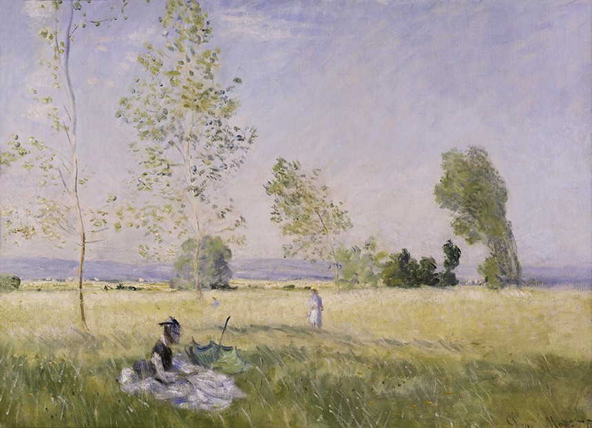 Foto 1 - Verão Passeio Prado Banhado de sol com Montanhas à Distância Pintura de Claude Monet em TELA