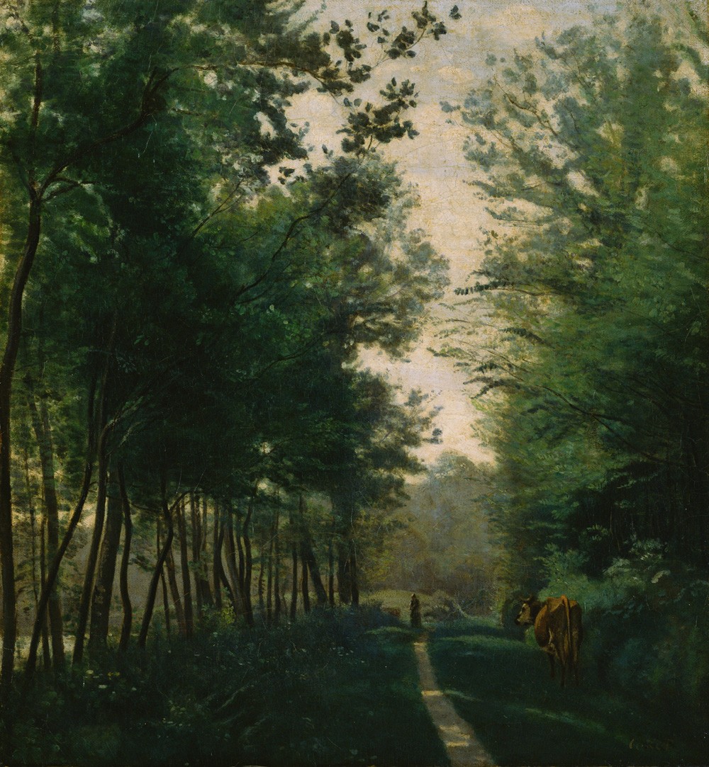 Foto 1 - Ville D'avray Camponesa e Vaca no Caminho entre Árvores Floresta Paisagem França Pintura de Camille Corot em TELA 
