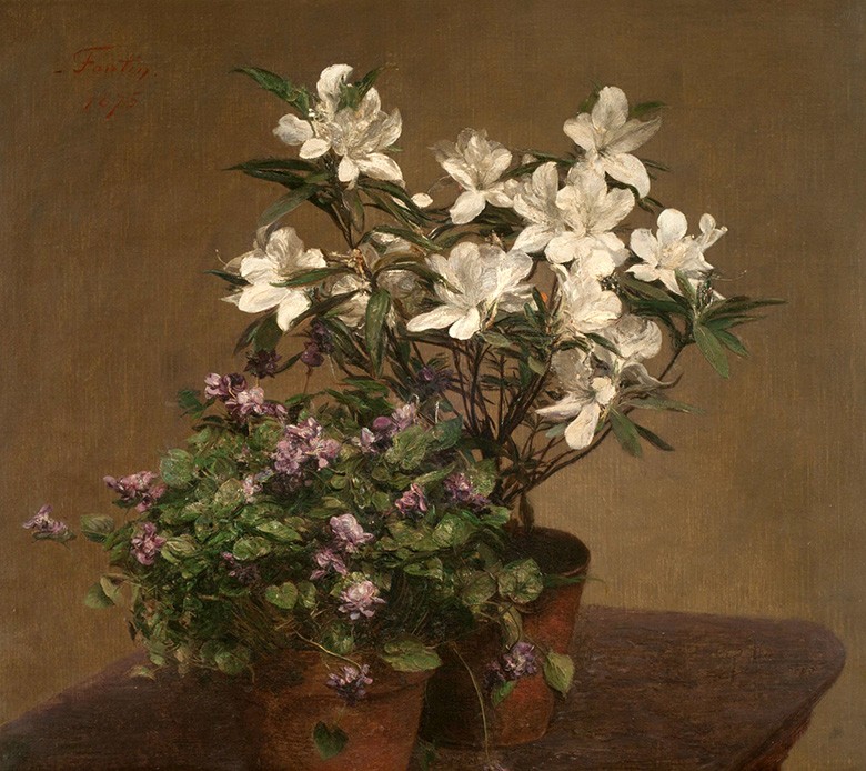 Foto 1 - Violetas e Azáleas Vasos de Flores Pintura de Henri Fantin-Latour em TELA 