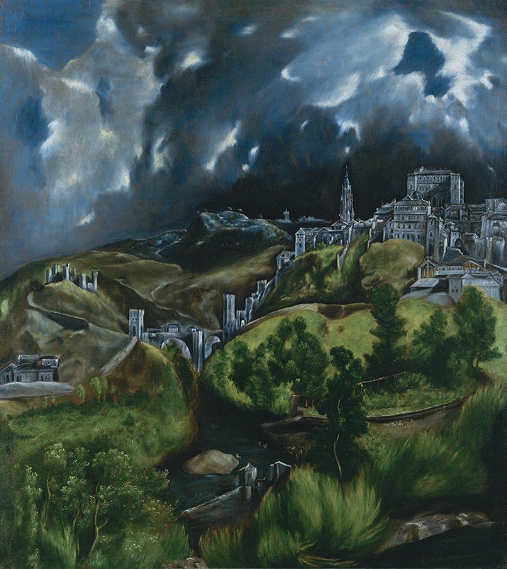 Foto 1 - Vista  de Toledo Céu Escuro e Sombrio Colinas Verdes Castelo de San Servando Pintura de El Greco em TELA