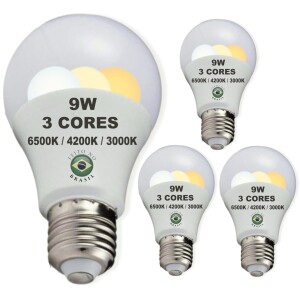 Foto1 - Lâmpada Led Bulbo 9w 3 Cores 6500k 4200k 3000k Kit 4Un